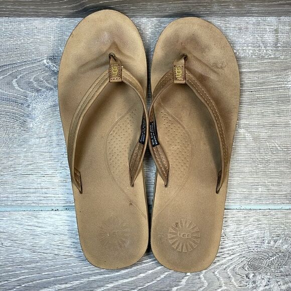 Ugg Kayla Brown Tan Leather Women’s Sz 10 SN3092 Slip On Flip Flop Thong Sandals - Picture 5 of 11